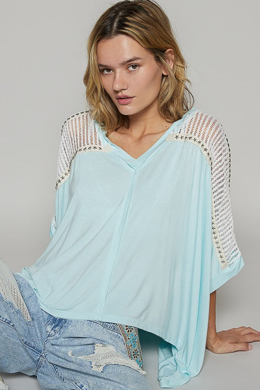 POL Oversize V-Neck Crochet Lace Contrast Studded Top - Sydney So Sweet