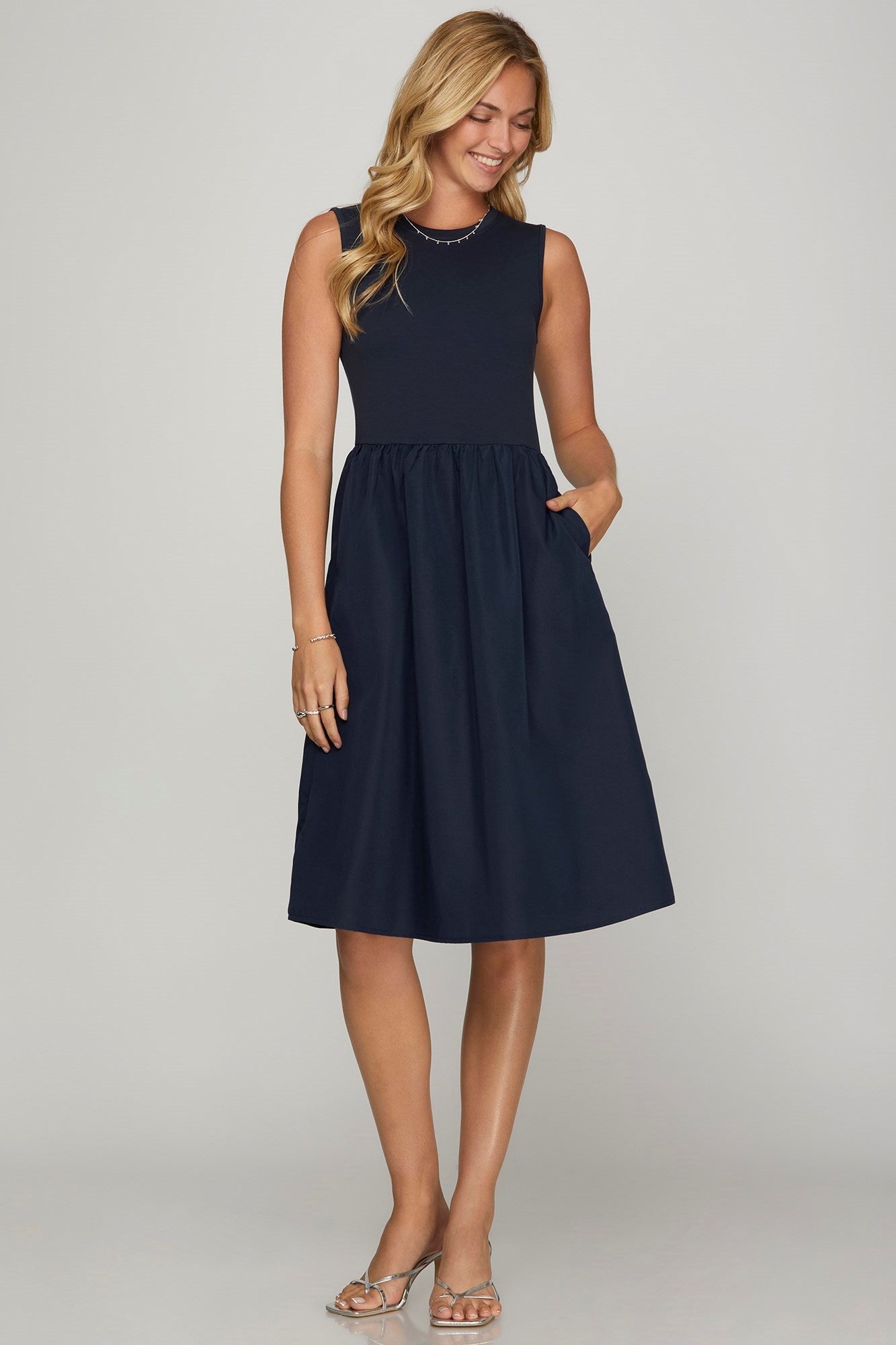 She + Sky Full Size Sleeveless Poplin Woven Midi Dress with Pockets Plus Size - Sydney So Sweet
