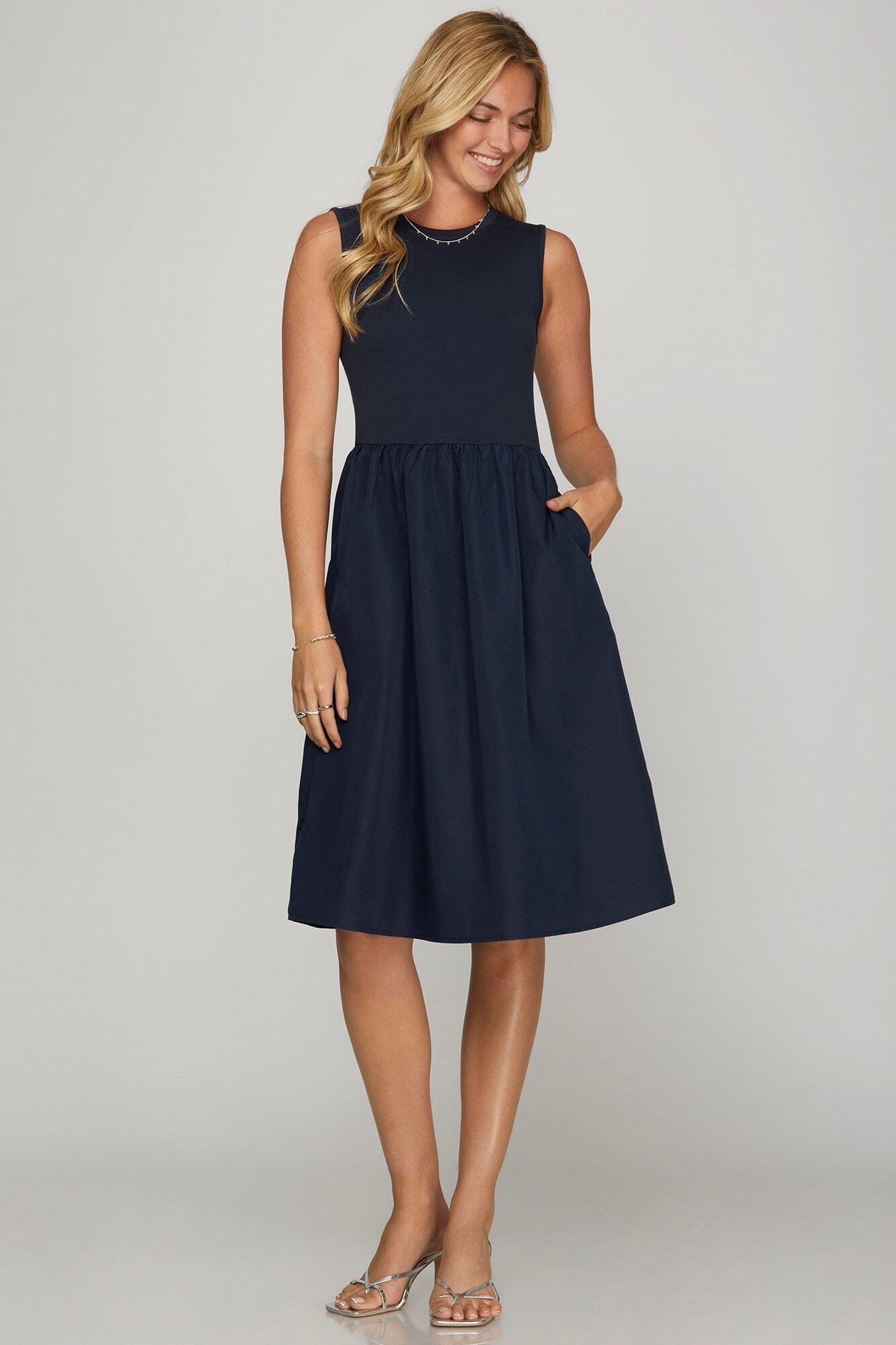 She + Sky Full Size Sleeveless Poplin Woven Midi Dress with Pockets Plus Size - Sydney So Sweet