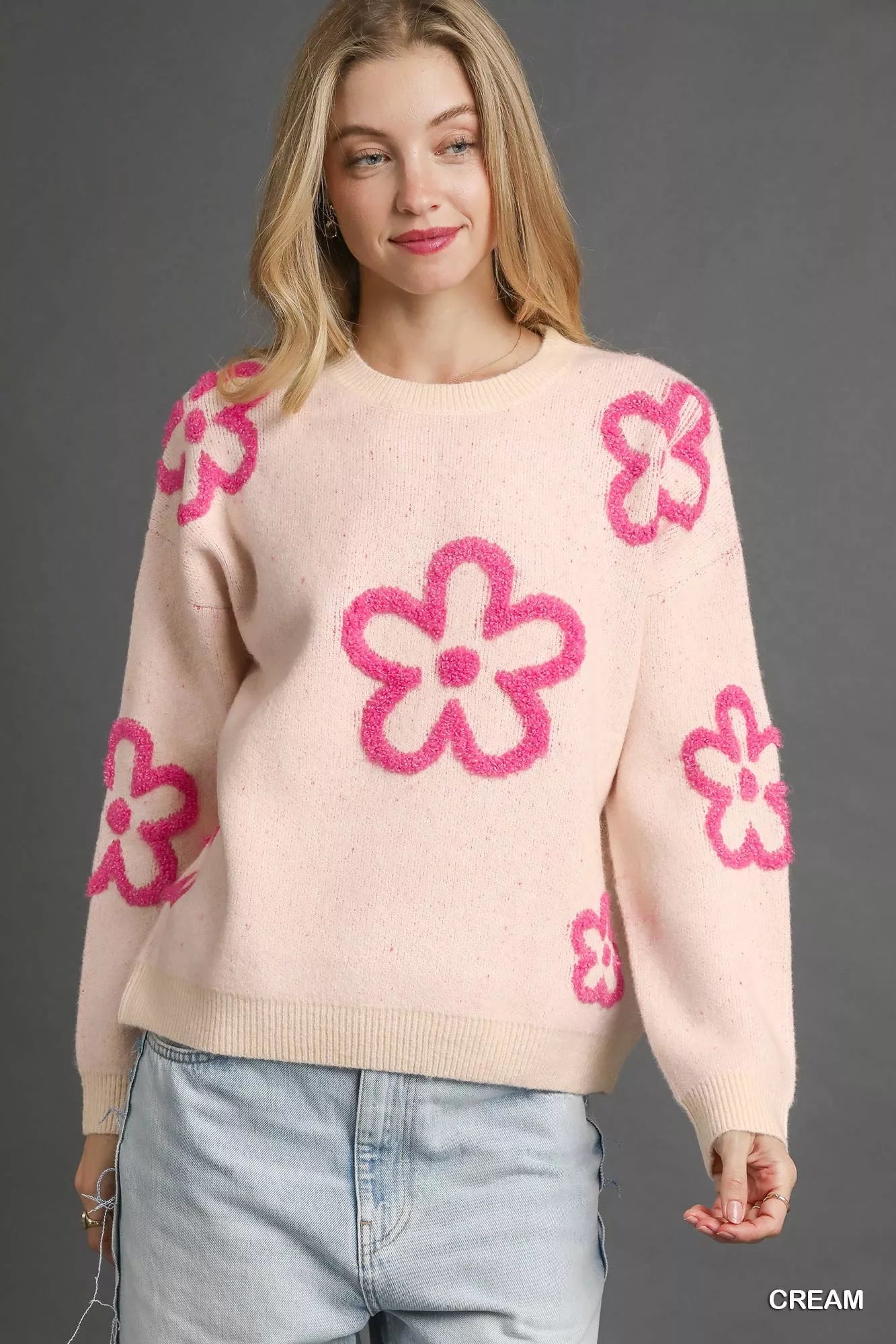 Umgee Round Neck Sweater with Pink Floral Accents - Sydney So Sweet