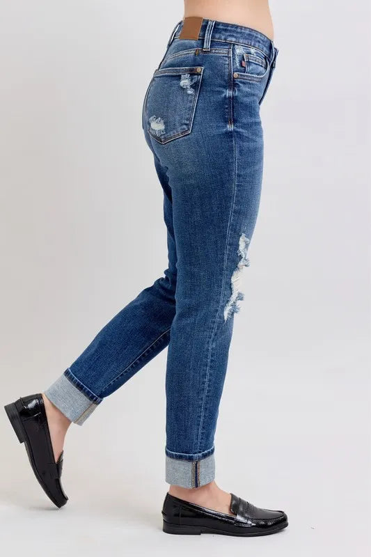Judy Blue Full Size Mid Rise Boyfriend destroy Jeans with Yoke Pockets and Faux Selvedge Cuff Plus Size - Sydney So Sweet