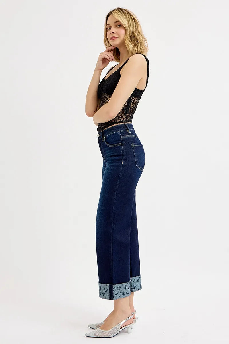 RISEN Full Size Mid Rise Fit Crop Wide With Printed Cuff Jeans Plus Size - Sydney So Sweet
