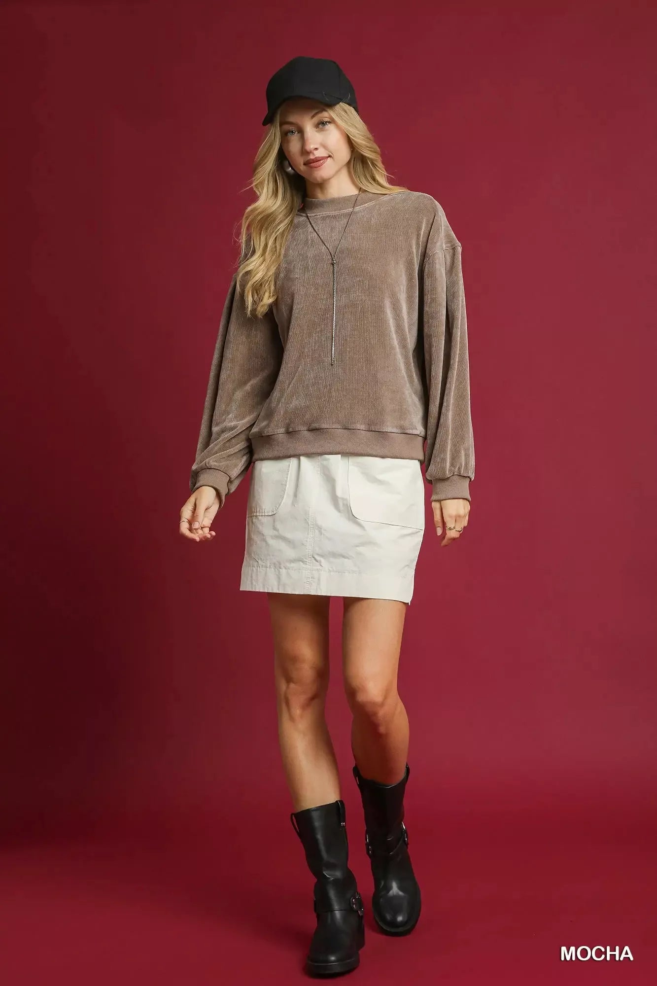 Umgee Velour Crewneck Balloon Sleeve Sweatshirt - Sydney So Sweet