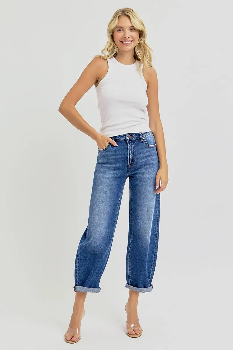 RISEN Full Size High Rise Crop Mild Barrel Jeans Plus Size - Sydney So Sweet