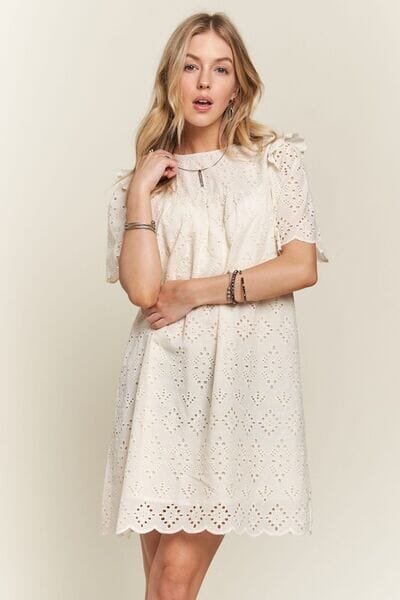 ADORA Ruffled Eyelet Round Neck Dress - Sydney So Sweet