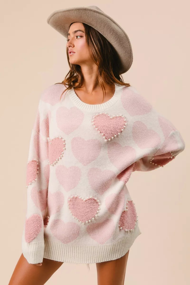 BiBi Heart Pattern Sweater with Pearl Detail - Sydney So Sweet