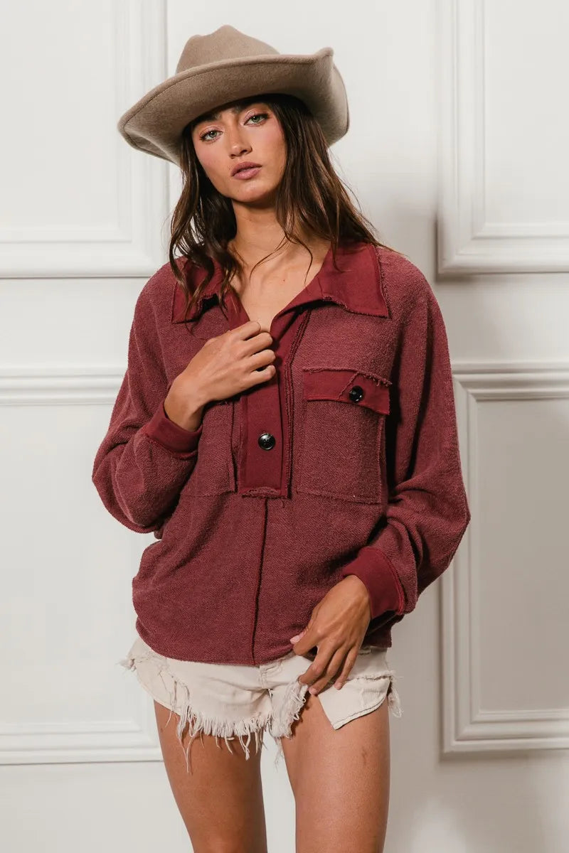 BiBi Cp French Terry Cut Edge Detail Collared Top - Sydney So Sweet