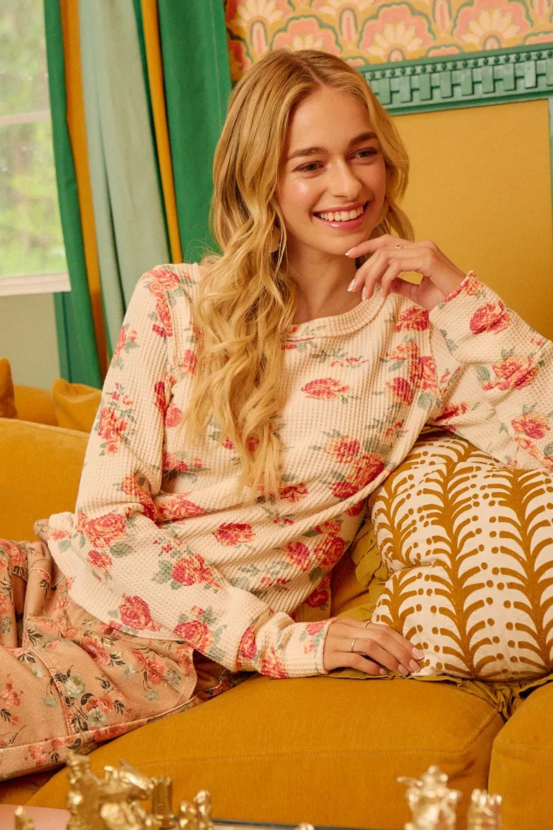 BiBi Floral Print Washed Waffle Thermal Top With Thumb - Sydney So Sweet