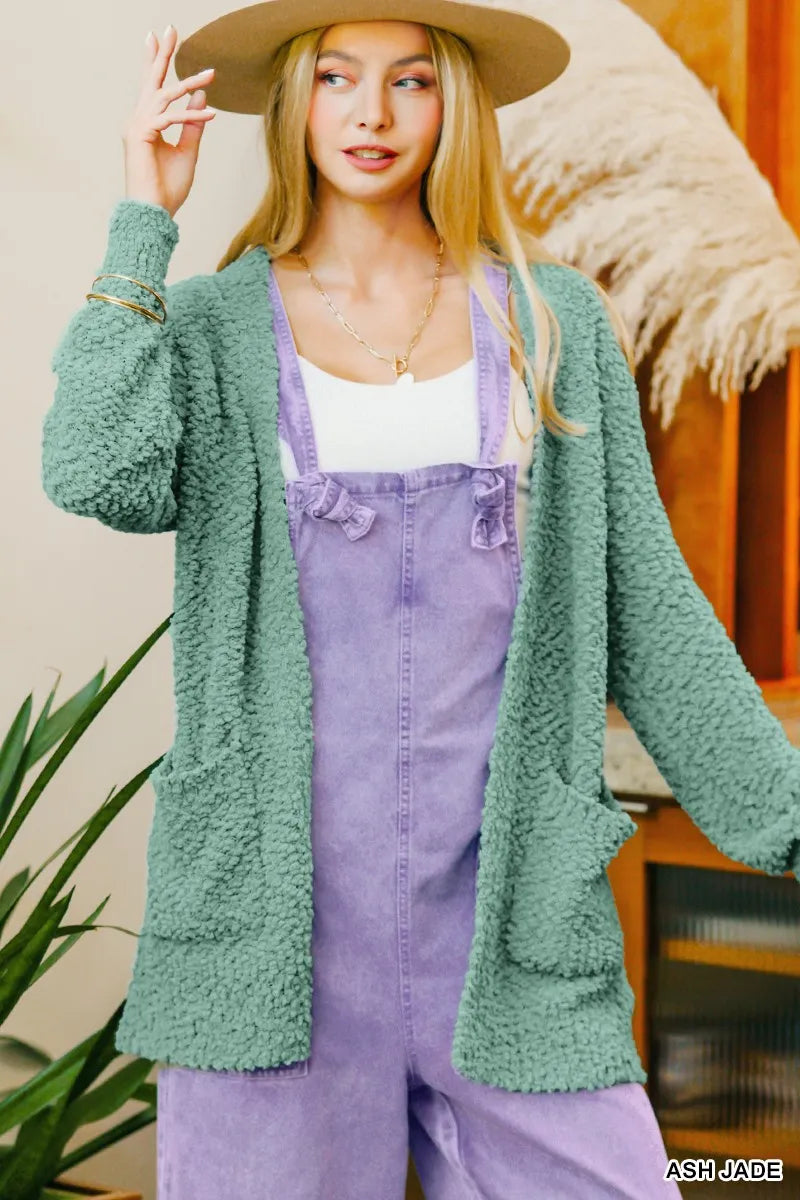Zenana Long Sleeve Popcorn Sweater Cardigan with Pockets - Sydney So Sweet