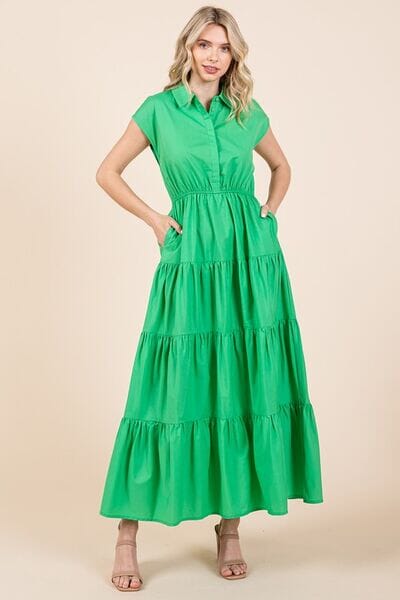 Mittoshop Button Up Collared Tiered Maxi Shirt Dress - Sydney So Sweet