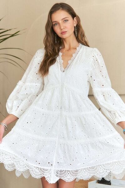 ADORA Lace Detail Tiered Eyelet V-Neck Babydoll Dress - Sydney So Sweet