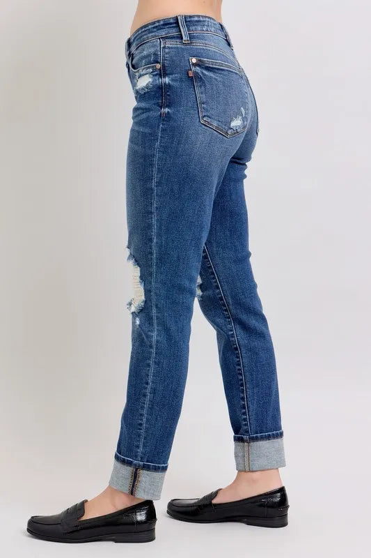 Judy Blue Full Size Mid Rise Boyfriend destroy Jeans with Yoke Pockets and Faux Selvedge Cuff Plus Size - Sydney So Sweet