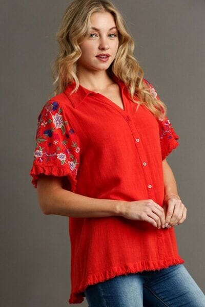 Umgee Full Size Linen Shirt with Embroidered Sleeves Plus Size - Sydney So Sweet