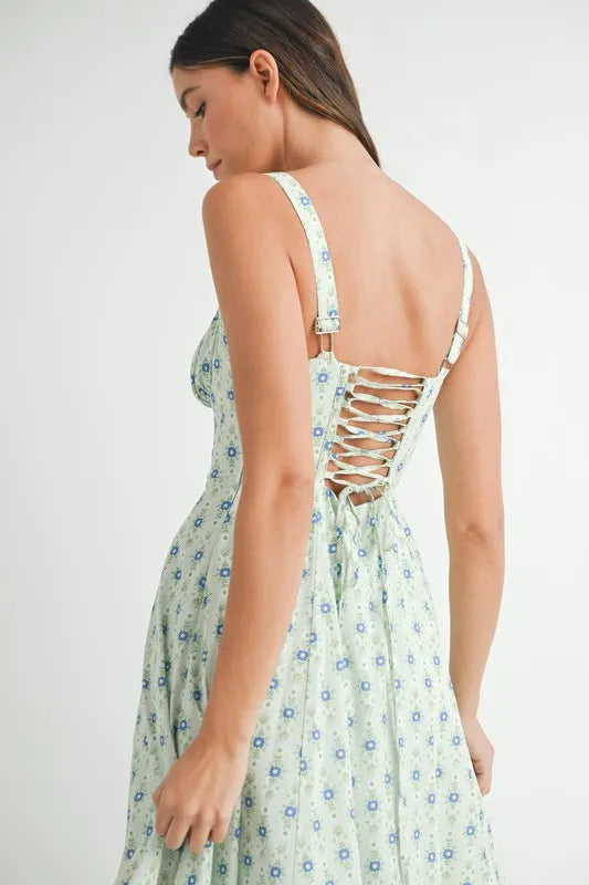 MABLE Floral Print Bustier Back Lace Up Midi Dress - Sydney So Sweet