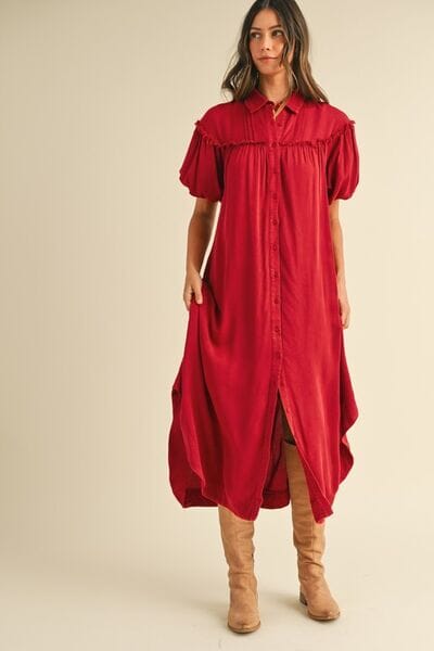 Annie Wear Mineral Washed Button Down Puff Sleeve Shirt Dress - Sydney So Sweet
