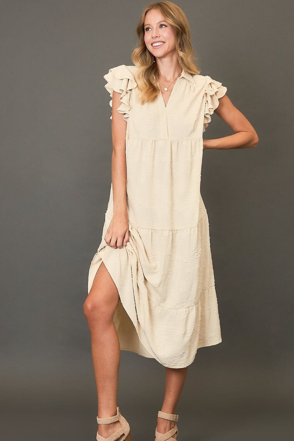 Umgee Full Size Tiered Floral Burnout Ruffle Sleeve Midi Dress Plus Size - Sydney So Sweet