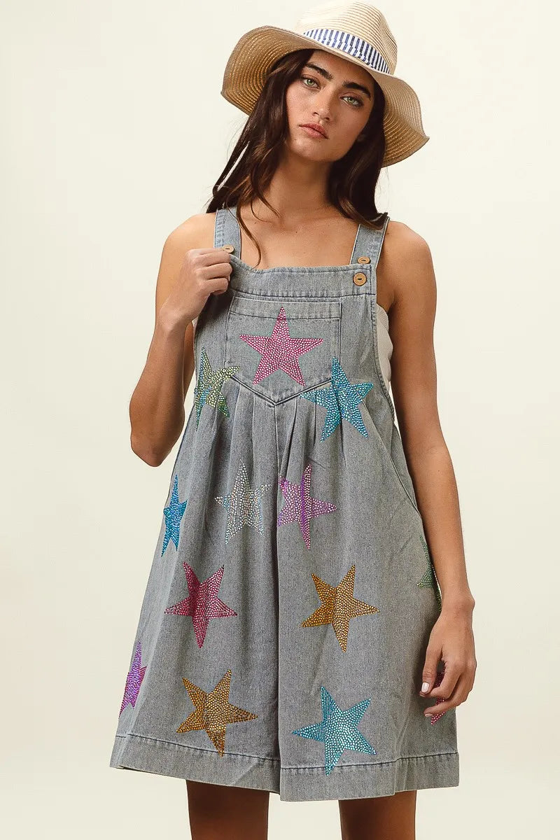BiBi Star Rhinestone Washed Wide Leg Shortalls - Sydney So Sweet