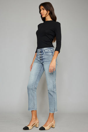Kancan High Waist Button Fly Raw Hem Cropped Straight Jeans - Sydney So Sweet