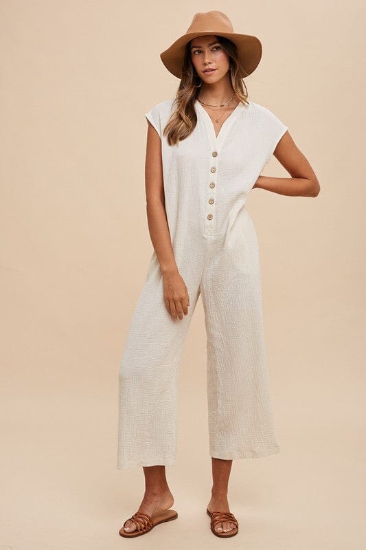 Annie Wear Button Detail Wide Leg Jumpsuit with Pockets - Sydney So Sweet