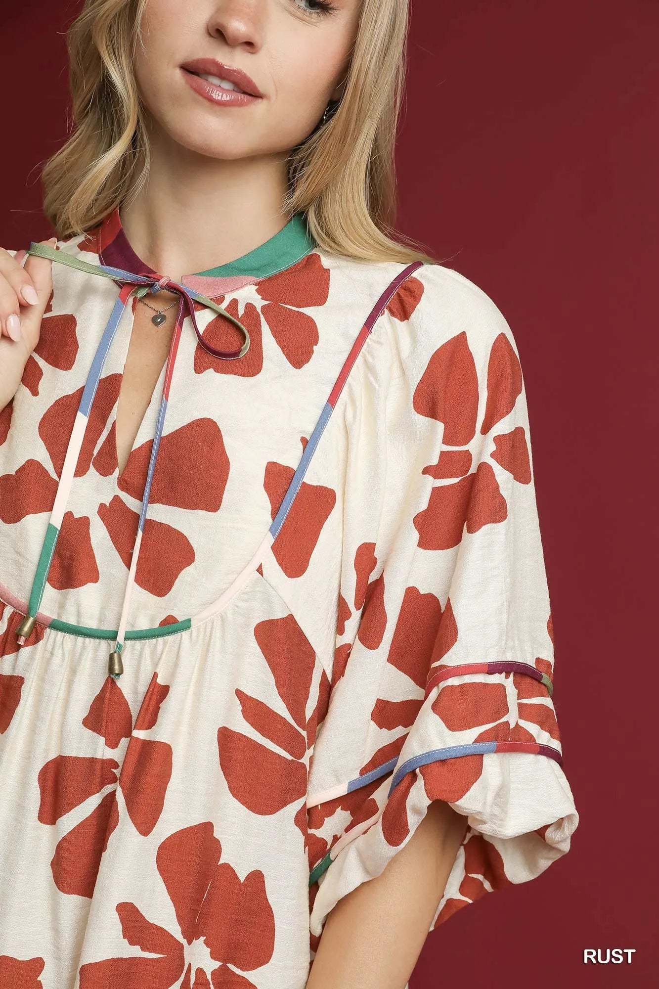 Umgee Two Tone Floral Tie-Neck Babydoll Dress - Sydney So Sweet