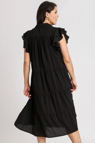 Umgee Full Size Johnny Collar Ruffle Cap Sleeve Tiered Dress Plus Size - Sydney So Sweet