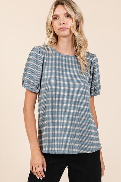 Mittoshop Contrast Striped Short Puff Sleeve Knit Top - Sydney So Sweet