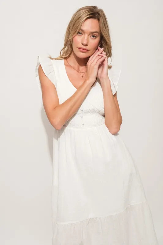 And The Why Ruffle Sleeve Front Smocked Tiered Midi Dress - Sydney So Sweet