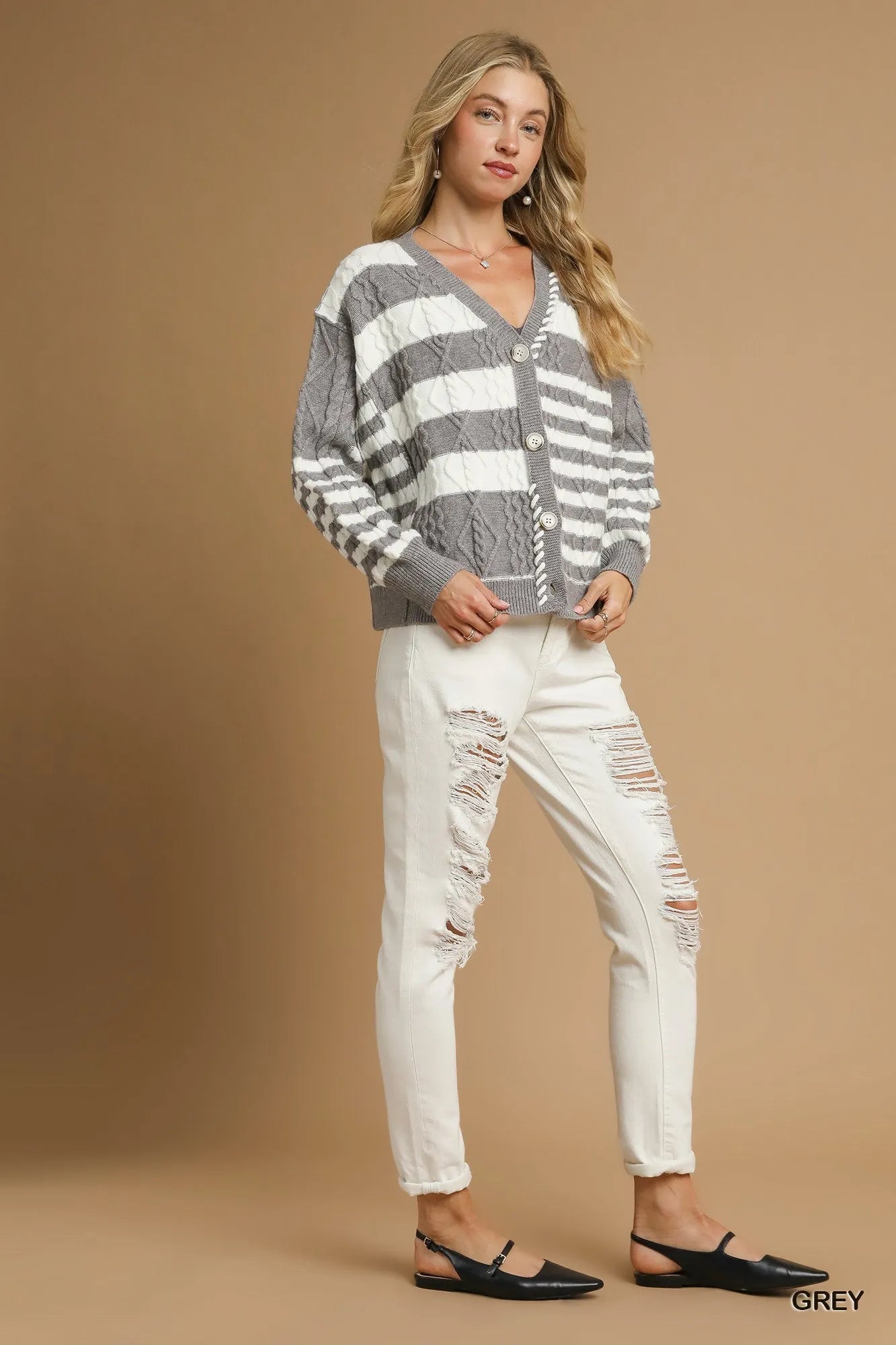 Umgee Cable-Knit Stripe Button-Up Cardigan - Sydney So Sweet