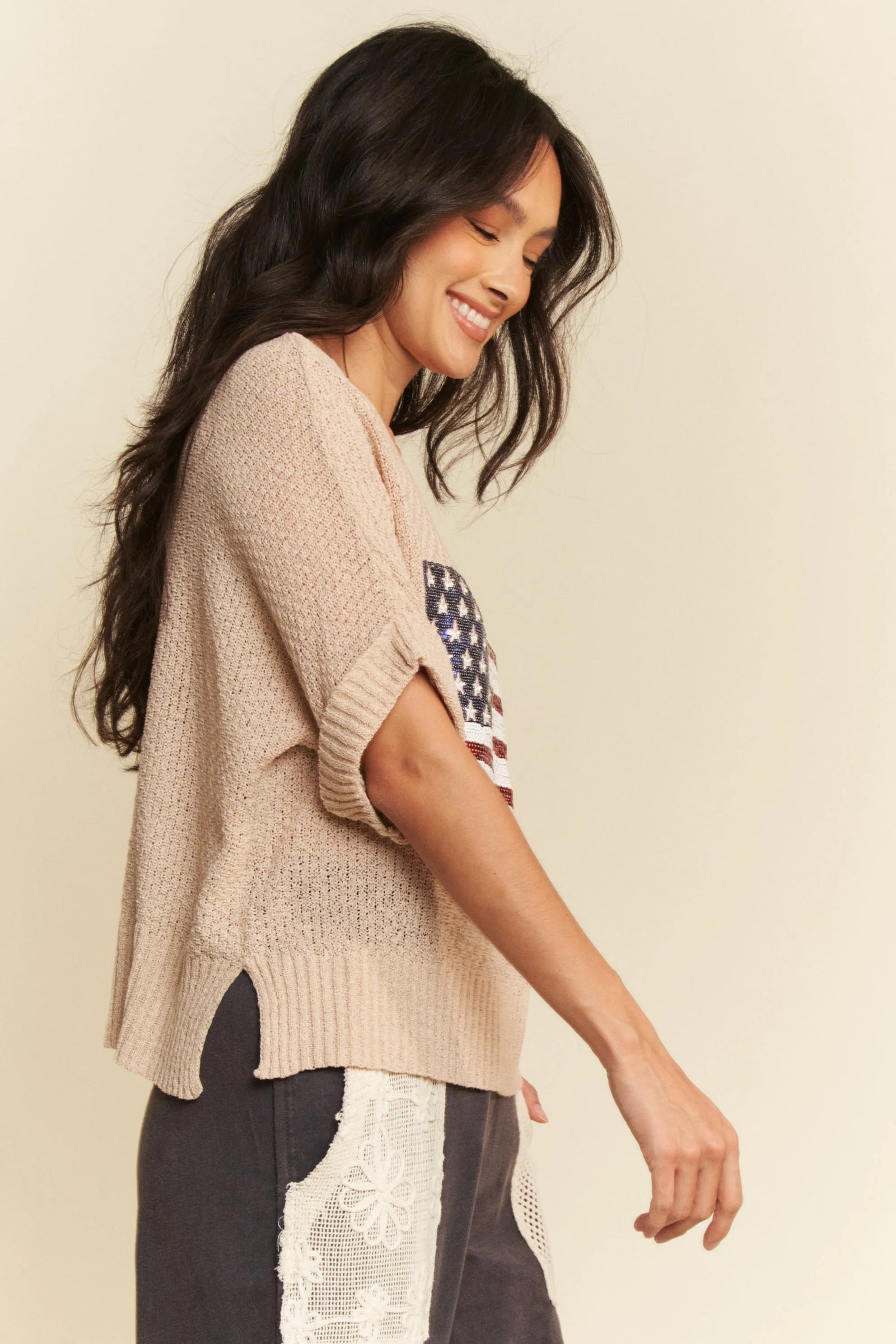Davi & Dani Sequin American Flag Patch Short Sleeve Knit Top - Sydney So Sweet
