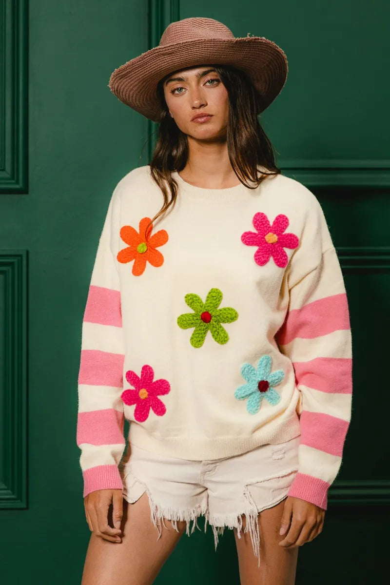 BiBi Colorful Floral Patched Sweater with Striped Sleeve - Sydney So Sweet