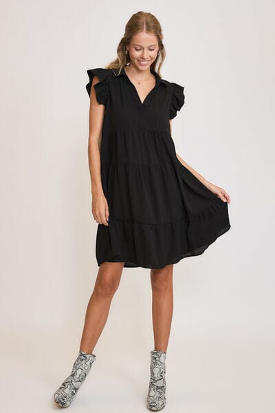 Umgee Full Size Johnny Collar Ruffle Cap Sleeve Tiered Dress Plus Size - Sydney So Sweet