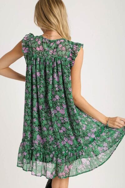 Umgee Full Size Smocked Detail Floral Metallic Ruffle Cap Sleeve Dress Plus Size - Sydney So Sweet