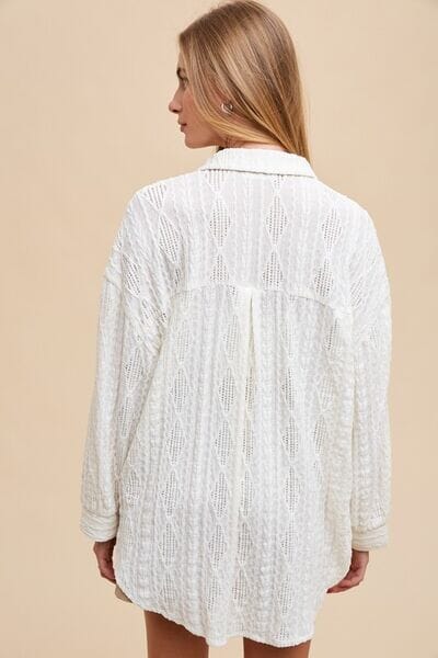 Annie Wear Openwork Button Down Drop Shoulder Shirt - Sydney So Sweet