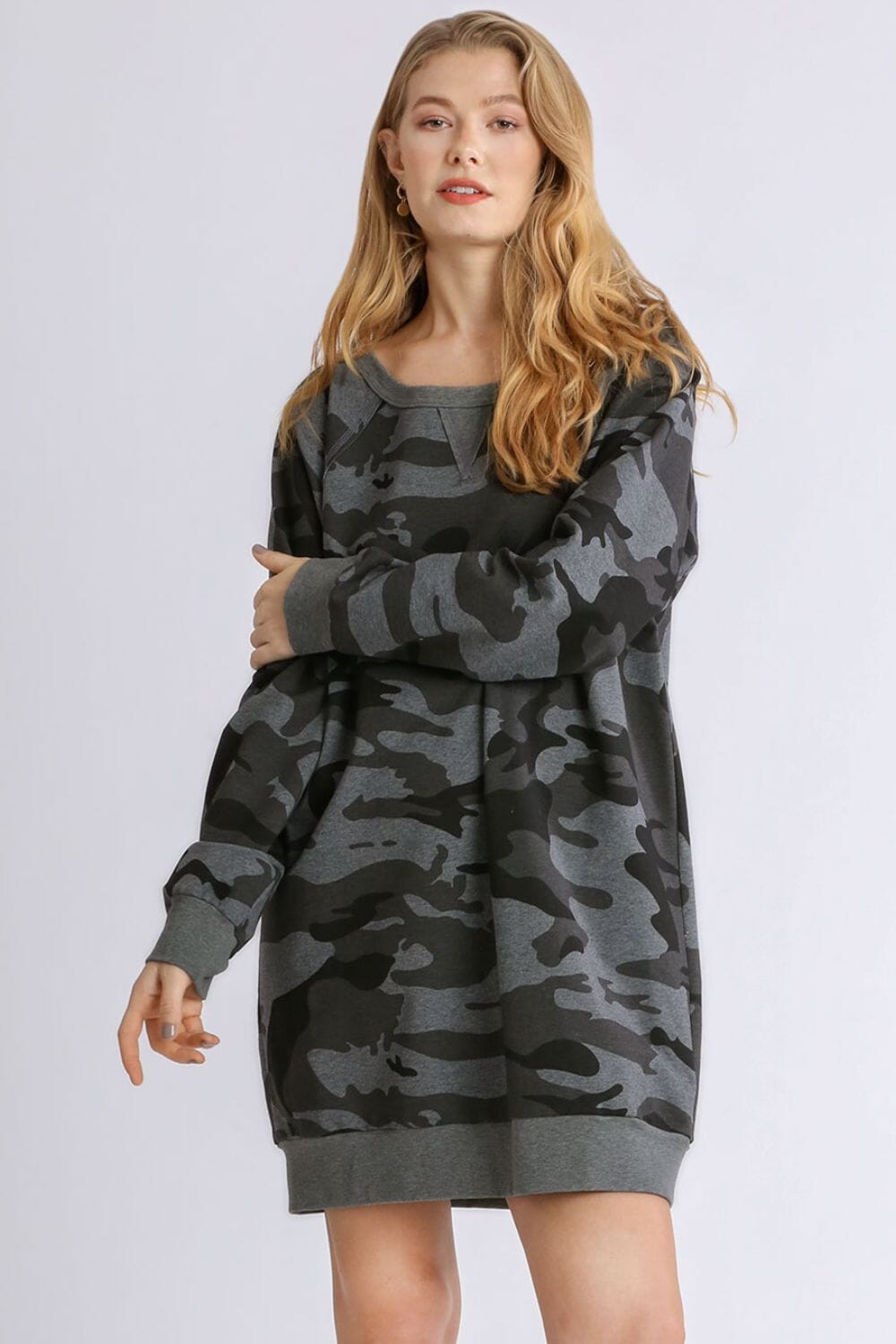 Umgee Full Size Camo Print Ribbed Hem French Terry Mini Dress Plus Size - Sydney So Sweet