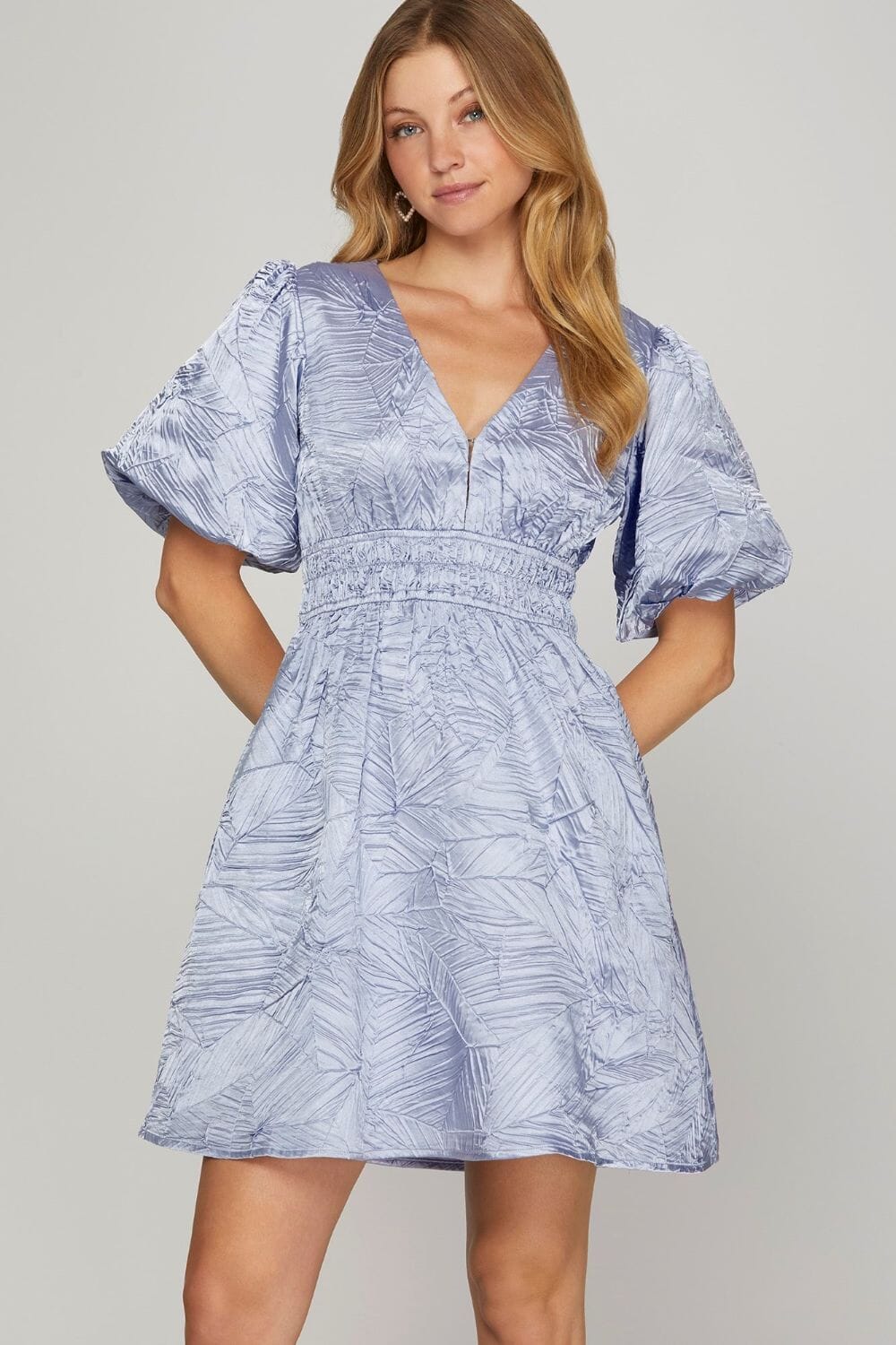 She + Sky Crinkle Woven V-Neck Balloon Sleeve Mini Dress - Sydney So Sweet