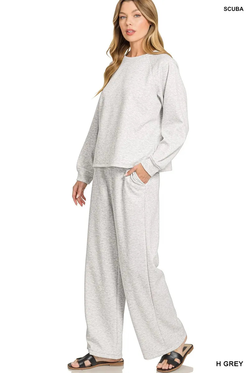 Zenana Scuba Crewneck Sweatshirt and Pants Set - Sydney So Sweet