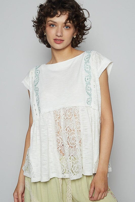 POL Embroidered Detail Boat Neck Cap Sleeve Lace Blouse - Sydney So Sweet