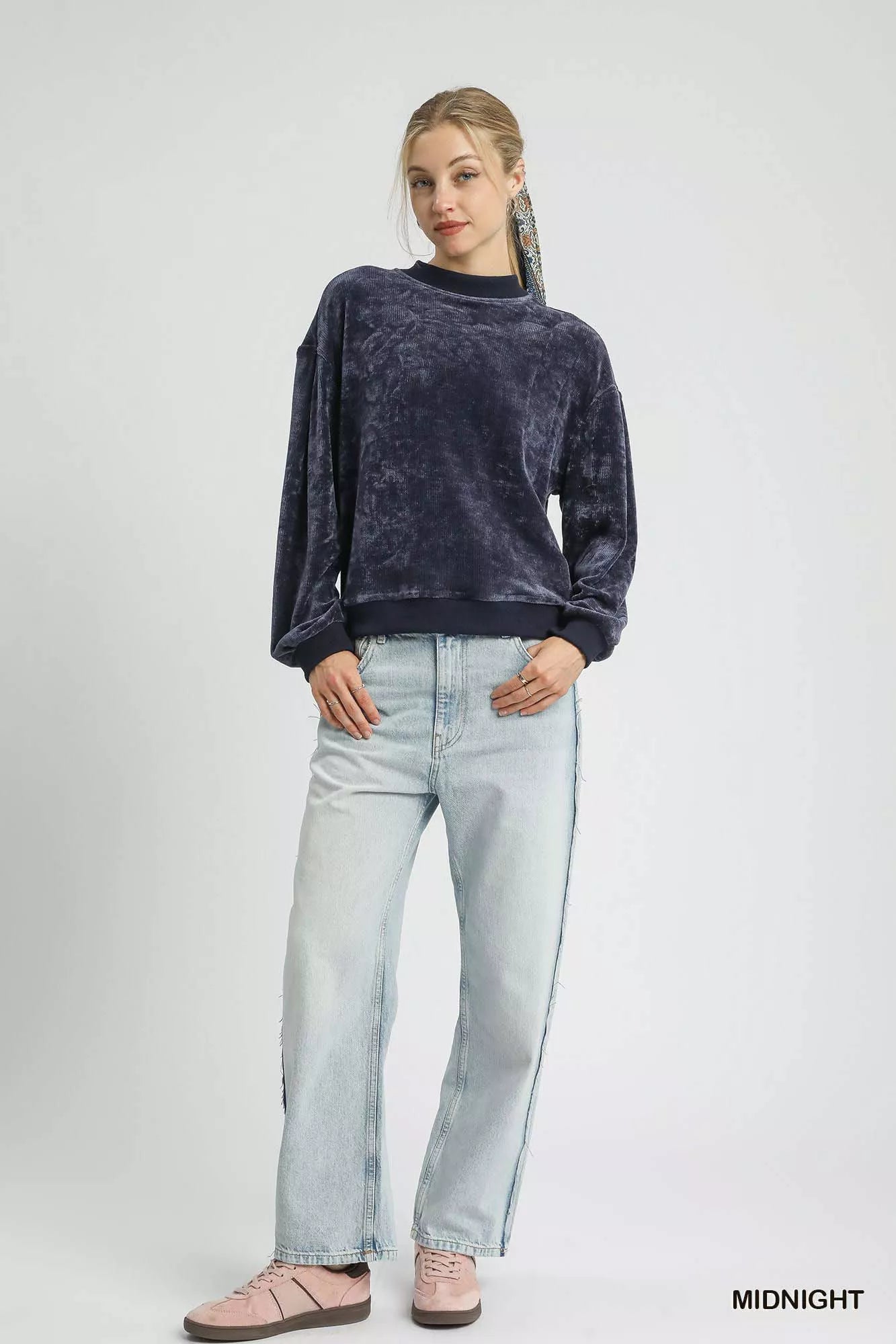 Umgee Velour Crewneck Balloon Sleeve Sweatshirt - Sydney So Sweet