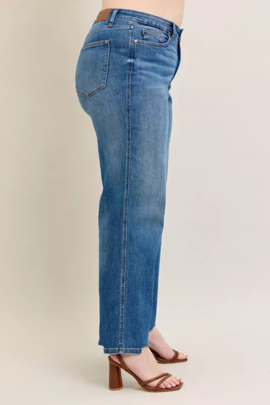 Judy Blue Full Size High Waist Tummy Control Chew Hem Destroy Wide Jeans Plus Size - Sydney So Sweet