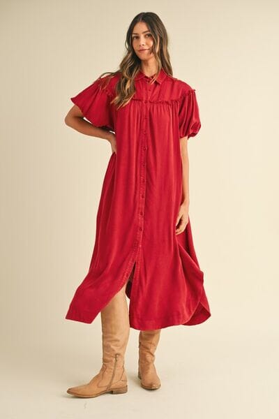 Annie Wear Mineral Washed Button Down Puff Sleeve Shirt Dress - Sydney So Sweet