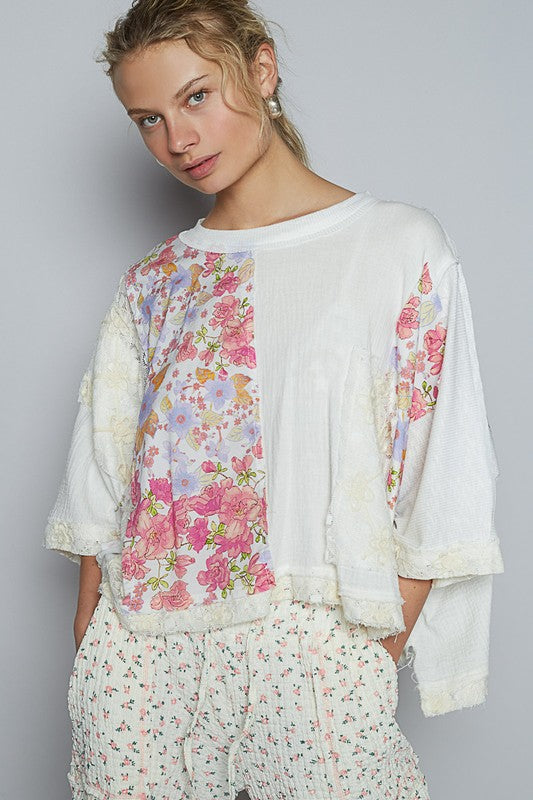 POL Floral Lace Patch Round Neck Double Gauze Top - Sydney So Sweet