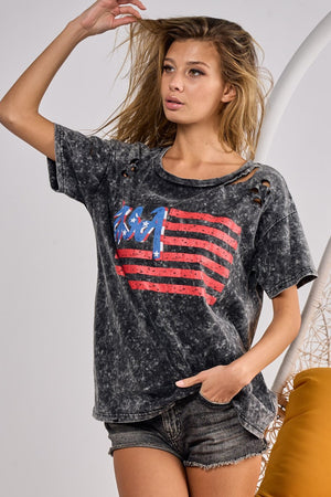 US Flag Washed Laser Cut T-Shirt - Sydney So Sweet