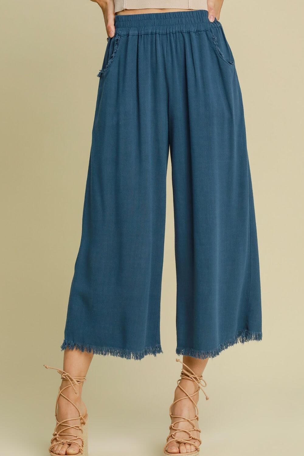 Umgee Full Size Linen Blend Elastic Waistband Wide Leg Pants Plus Size - Sydney So Sweet