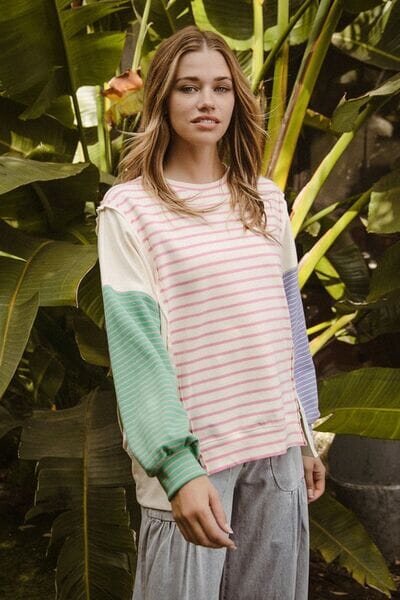 BiBi Exposed Seam Slit Striped Round Neck T-Shirt - Sydney So Sweet