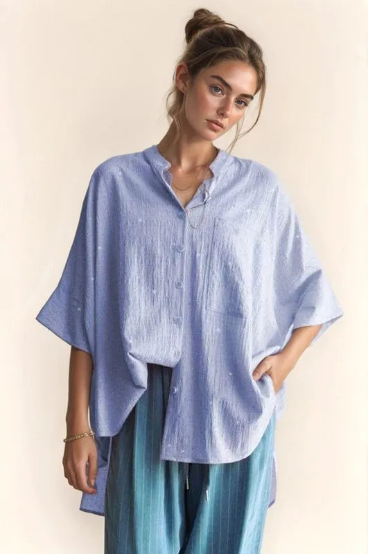 Davi & Dani Rhinestone Pleat Back Short Sleeve Loose Fit Shirt - Sydney So Sweet