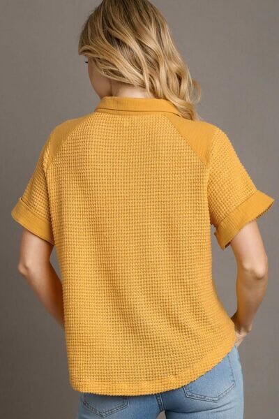 Umgee Full Size Waffle-Knit Short Sleeve Button Down Shirt Plus Size - Sydney So Sweet