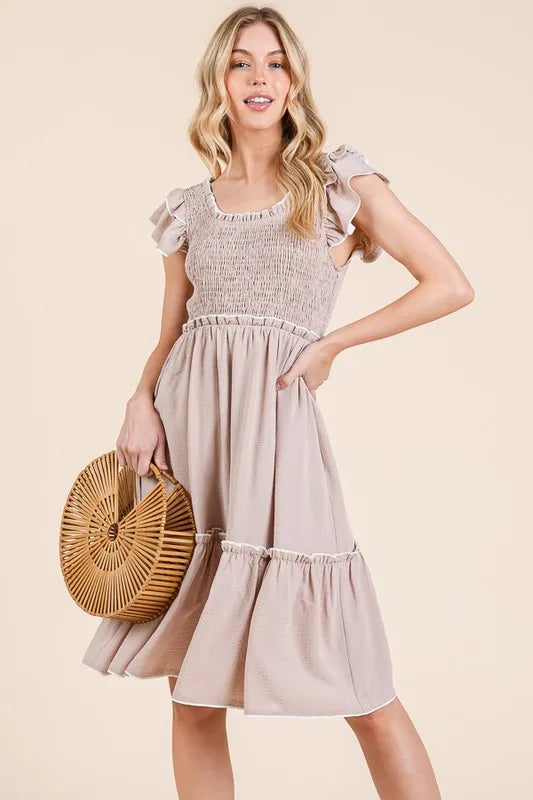 Lime 'N' Chili Ruffle Trim Smocked Dress with Contrast - Sydney So Sweet