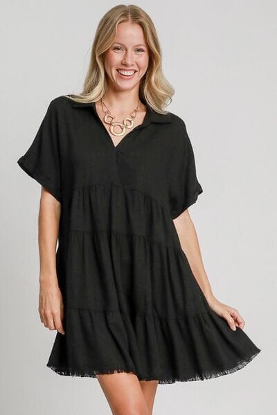 Umgee Full Size Raw Hem Folded Sleeve Tiered Dress Plus Size - Sydney So Sweet