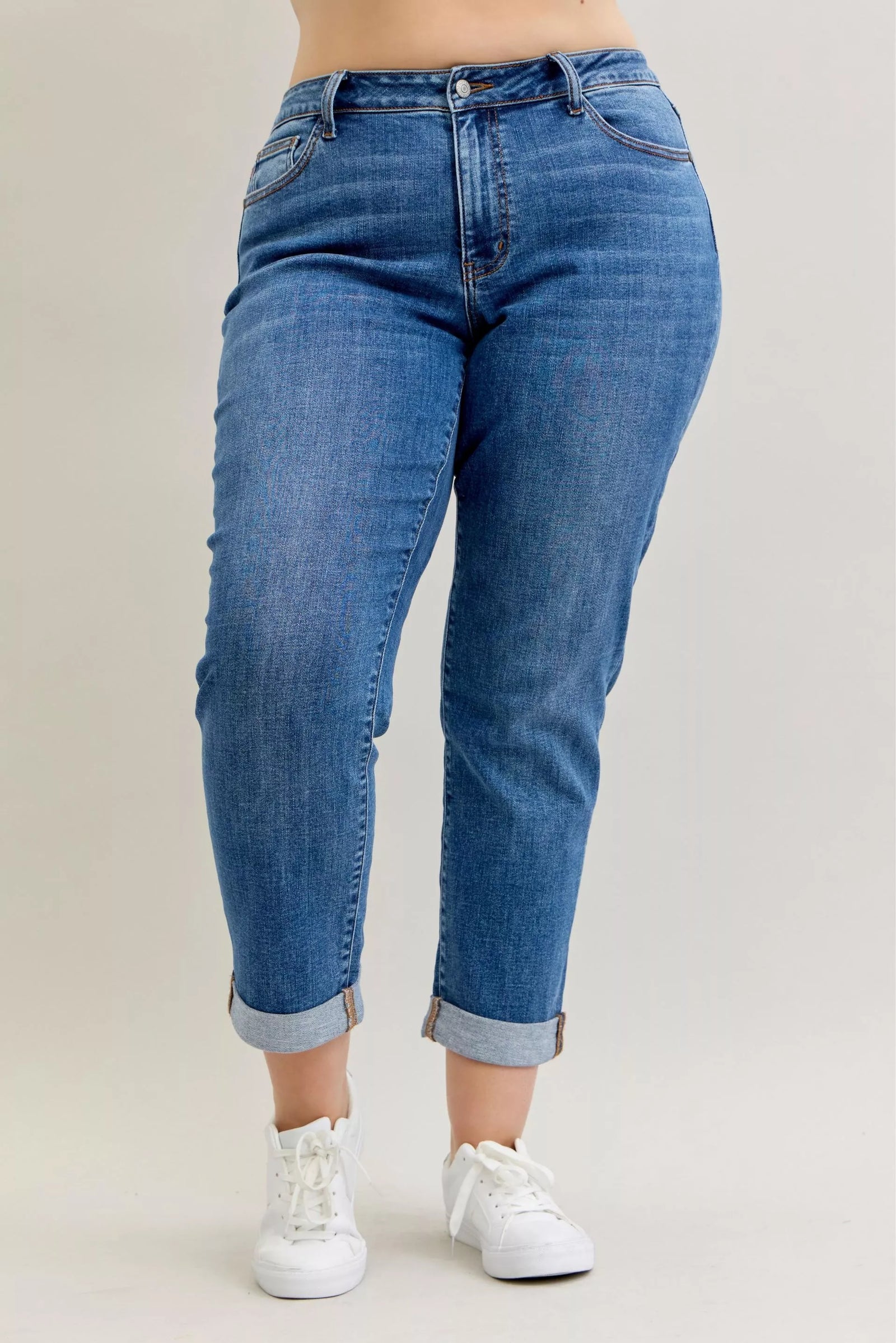Judy Blue Full Size Mid Rise BF Classic Cuffed Jeans Plus Size - Sydney So Sweet