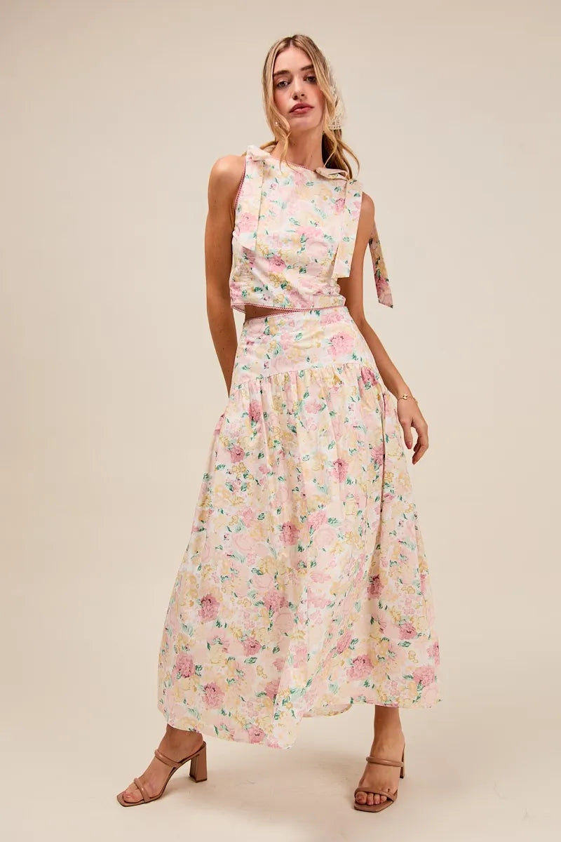 SO ME Floral Printed Woven Shoulder Bow Tie Top and Skirt Set - Sydney So Sweet